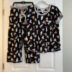 Women's Cat Print Pajama Set - Black and Gray